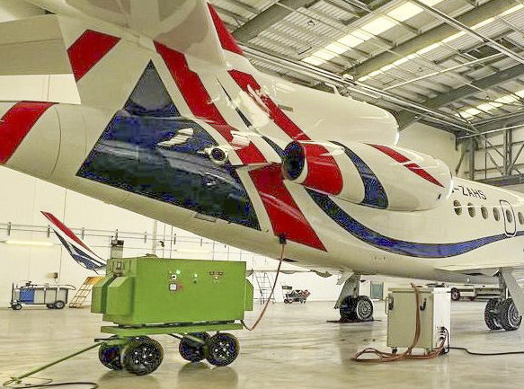 Stable Aviation ground power unit connected to an aircraft in a UK hangar